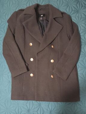 H&M Dark Green Double-Breasted Pea Coat with Gold Buttons